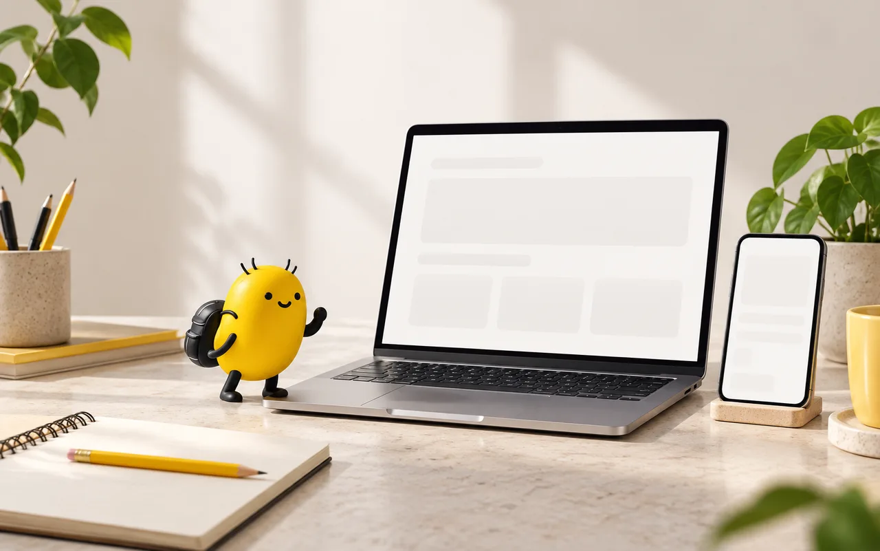 Vedokrok mascot beside an open laptop and phone on a light desk