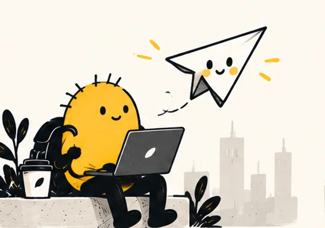 Vedokrok’s yellow mascot with its black backpack, a laptop and a smiling paper plane